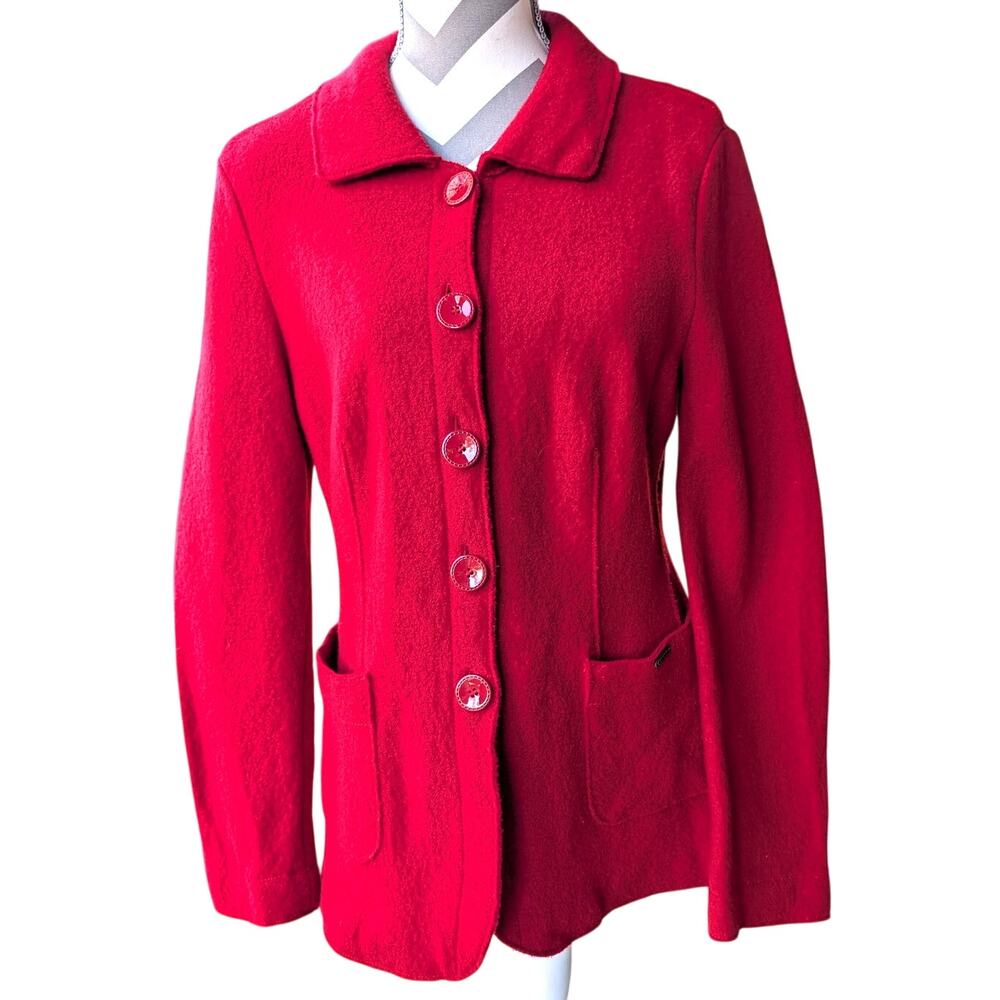 Geiger Vtg Red Button Up Cardigan Blazer Darted Jacket Wool 40 Austria Medium